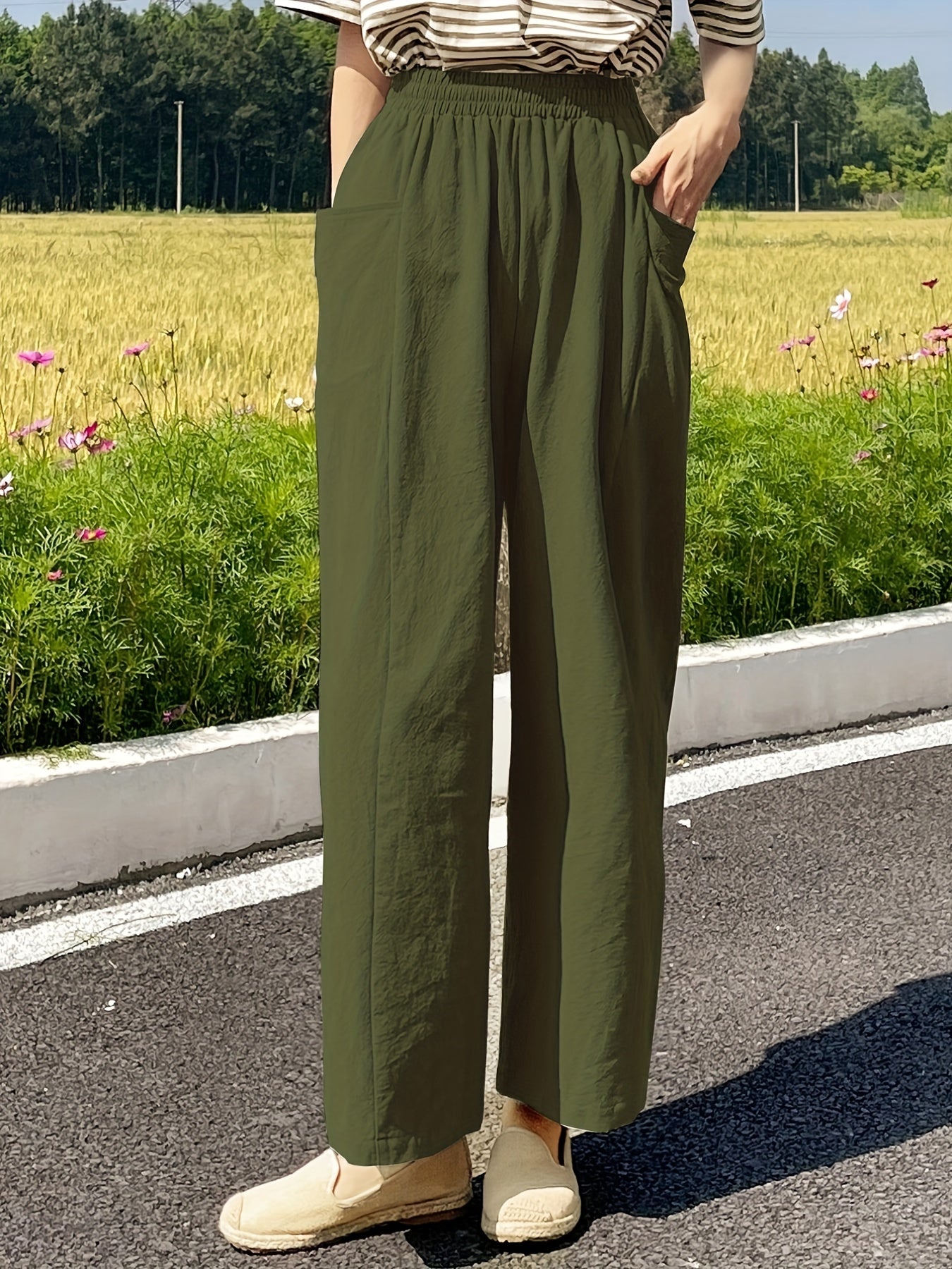 Solid Pocket Straight Leg Pants for Women