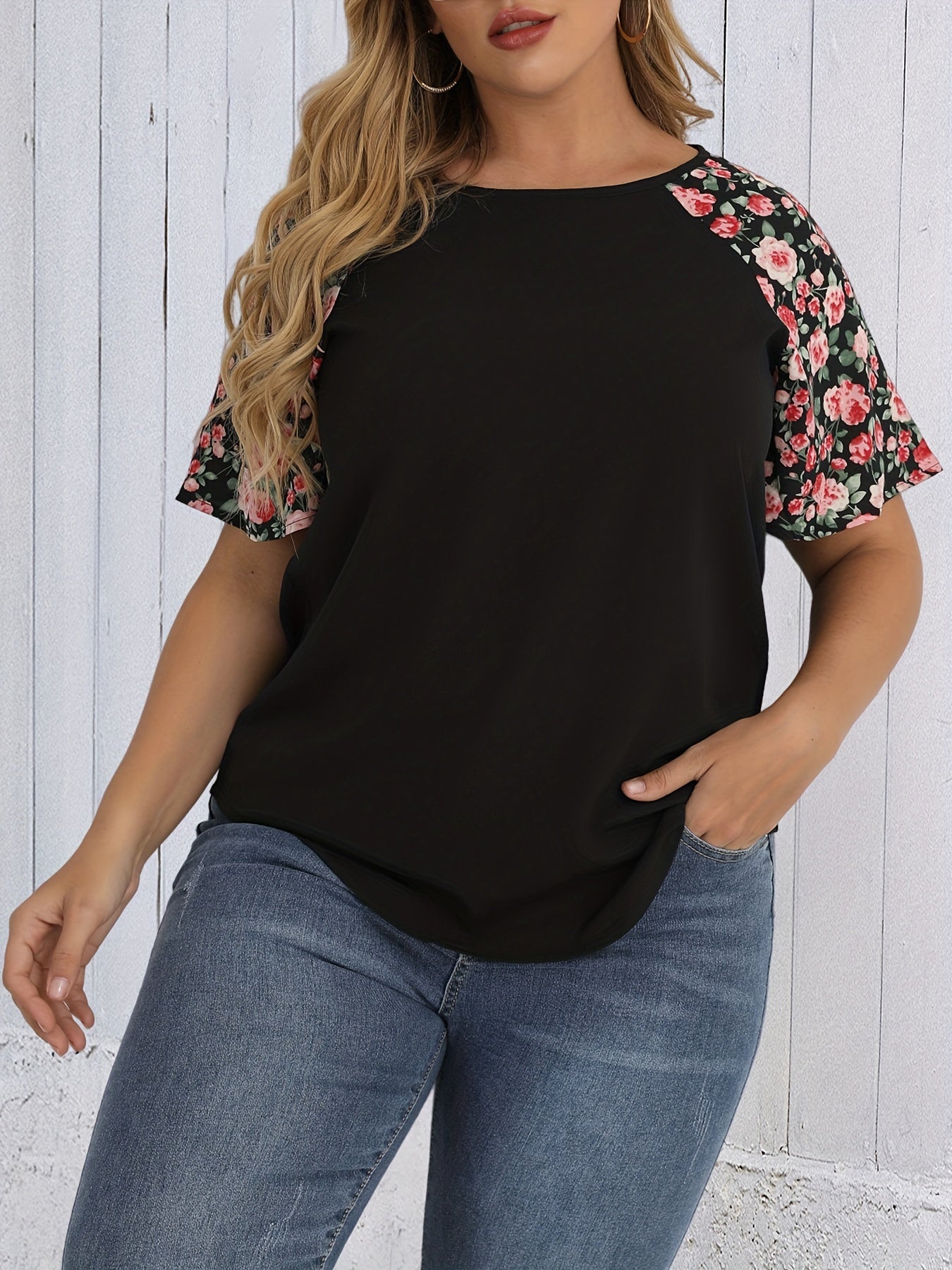 Vacay Blouse Women's Plus Colorblock Floral Short Sleeve T shirt