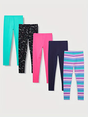 5pcs Girls' Skinny Stretchy Legging Pants Plain Colors Dots Stripe Print