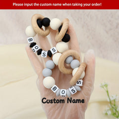 Personalized Wooden Teether Ring with Silicone Beads