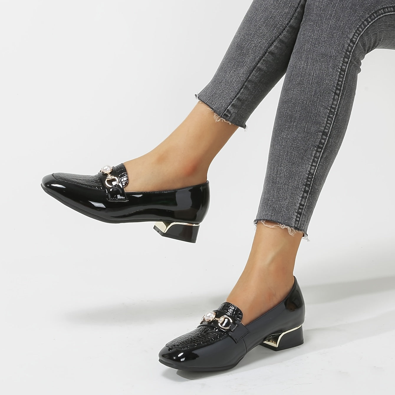 Women's Chunky Low Heel Loafer Shoes Square Toe PU Leather Shoes