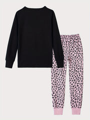 Girls Leopard Print Pajamas Set with Cat Cartoon Top
