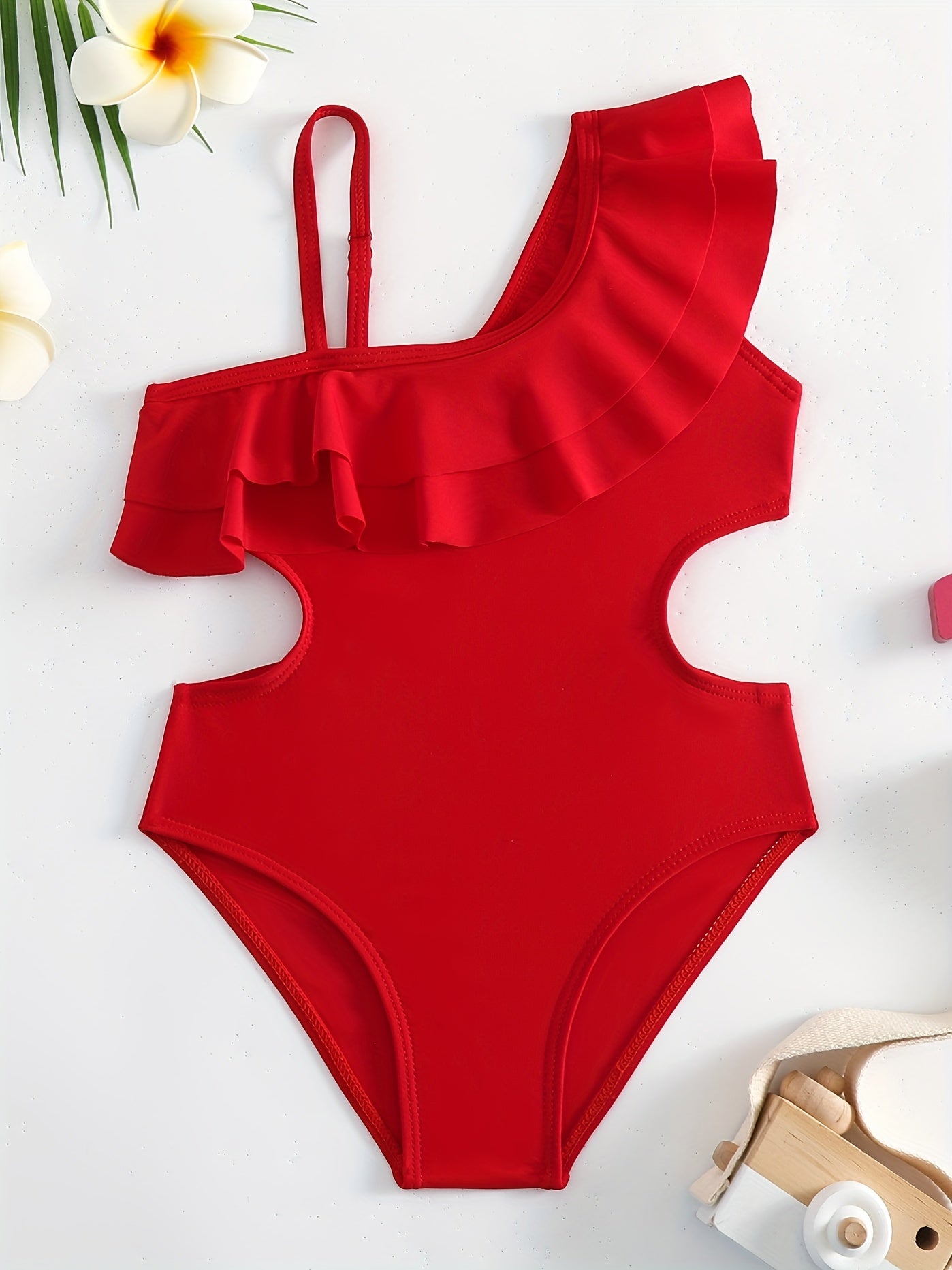 Girls One Piece Swimsuit Waist Cut Out Ruffle Decor
