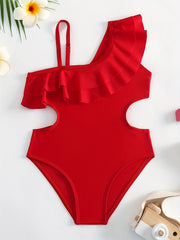 Girls One Piece Swimsuit Waist Cut Out Ruffle Decor