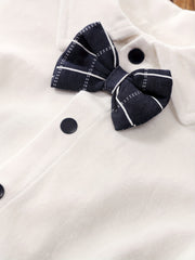 Baby Boys Grid Bow Tie Short Sleeve Suspender Cotton Onesie