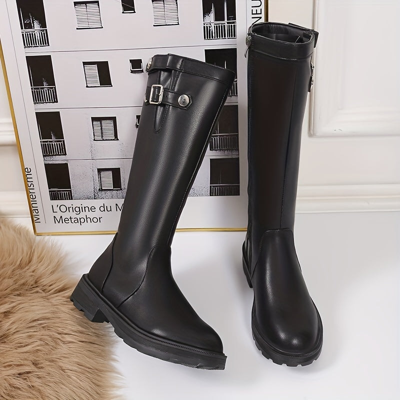 Women's Knee Boots Round Toe Side Zip Plush Lining Chunky Platform Sole