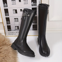 Women's Knee Boots Round Toe Side Zip Plush Lining Chunky Platform Sole