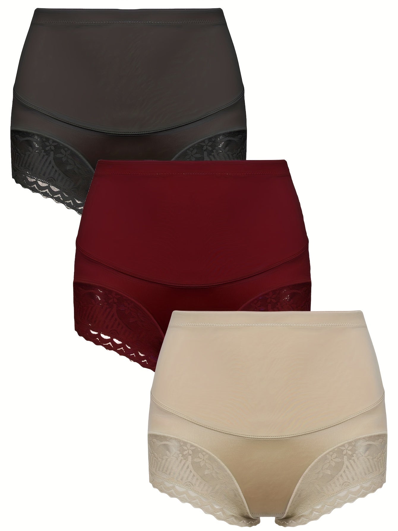 3 Pack Plus Size Panties Set Women's Plus Contrast Lace Tummy Control High Waist