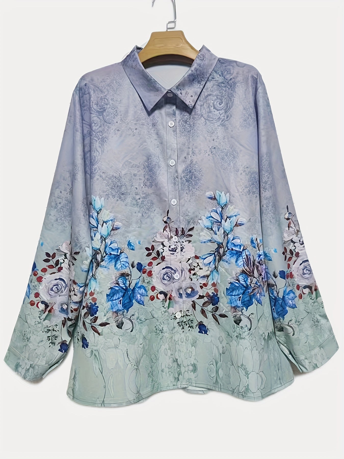 Blouse Women's Plus Floral Print Ombre Long Sleeve Shirt Top
