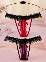 Floral Lace Thongs with Faux Pearl Bow Tie Panties