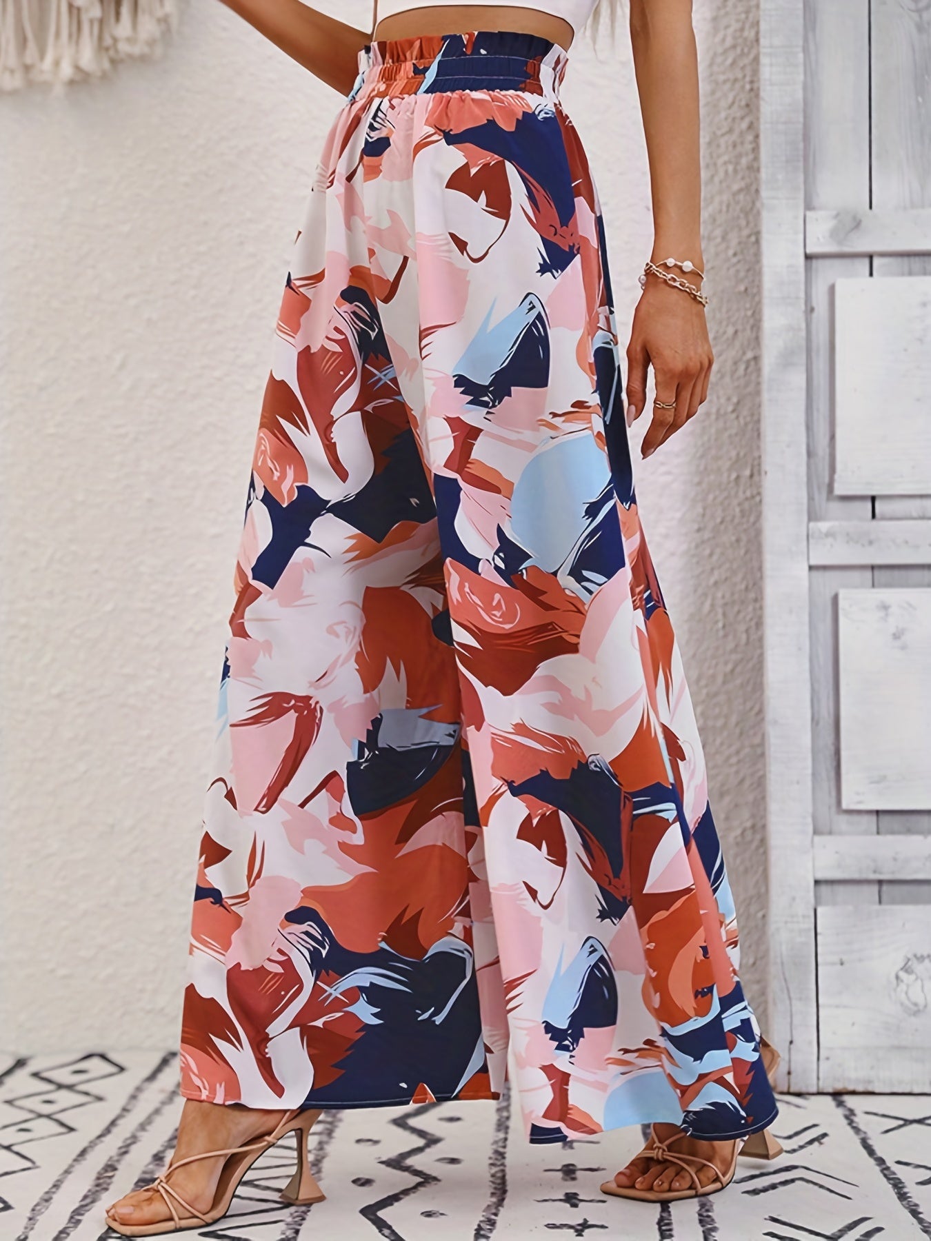 Abstract Print Wide Leg Pants Elastic Waist Vacation Pants