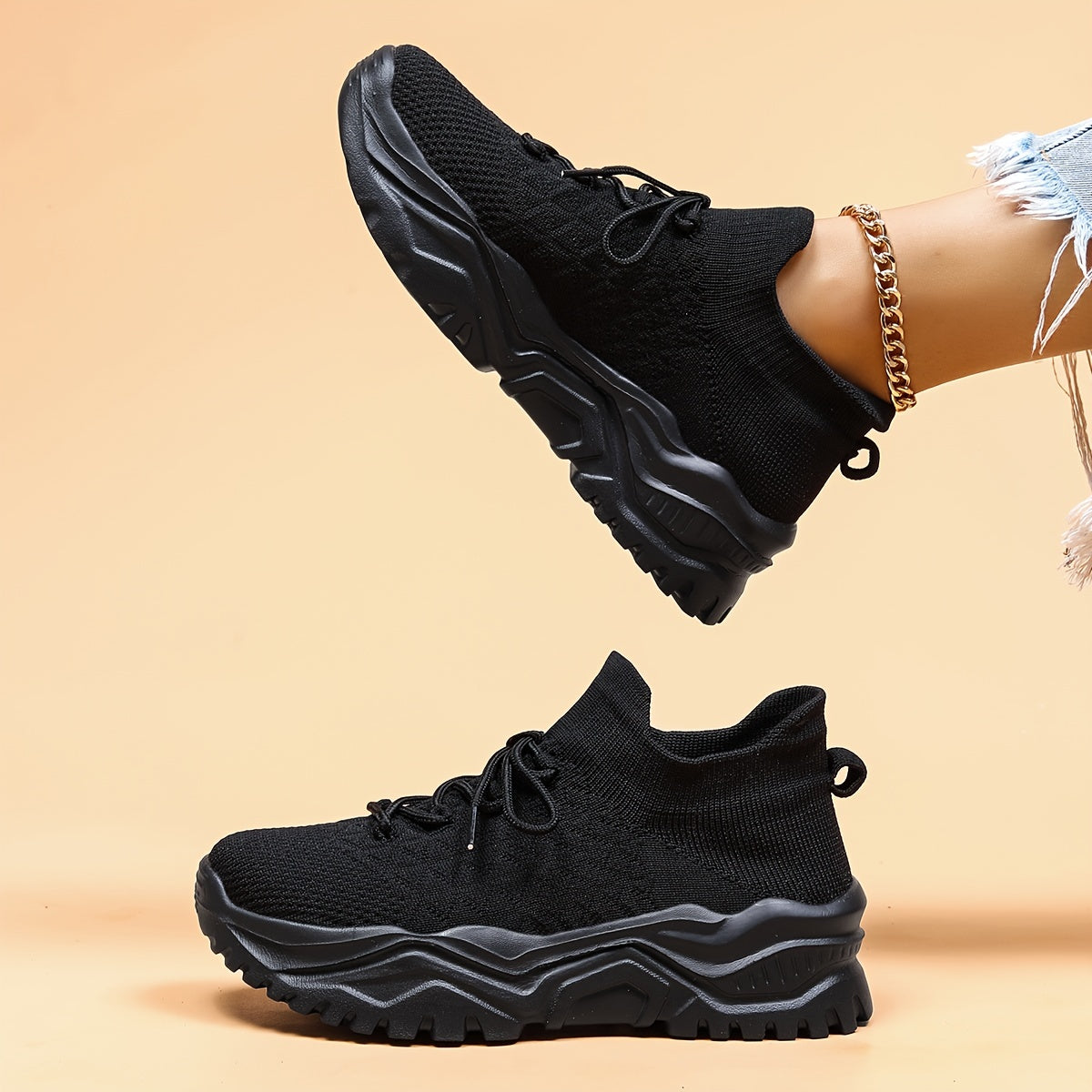 Women's Lace up Walking Shoes Thick Bottom Casual Knit Mesh Sneakers