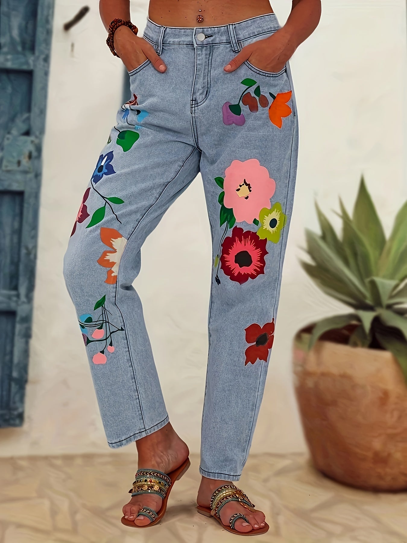 Women's Floral Print Straight Leg Denim Pants