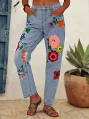 Women's Floral Print Straight Leg Denim Pants