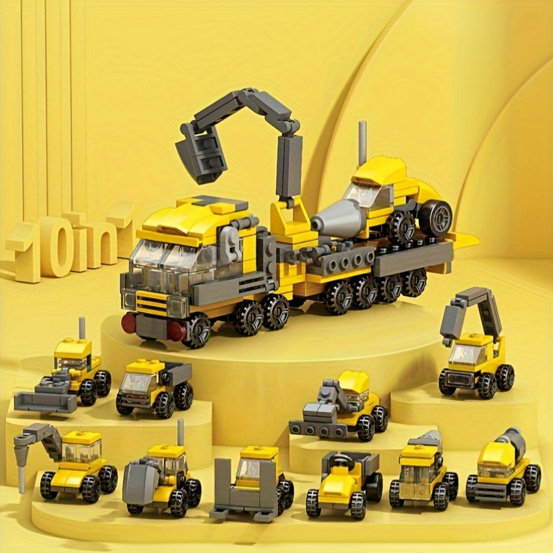 10pcs Mini Construction Vehicle Building Block Set Excavator Dump Truck Backhoe