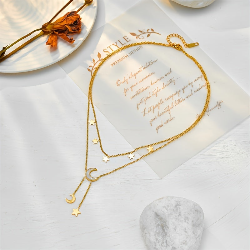 Stainless Steel Star Moon Necklace Fine Chain Resin Moon Pendant