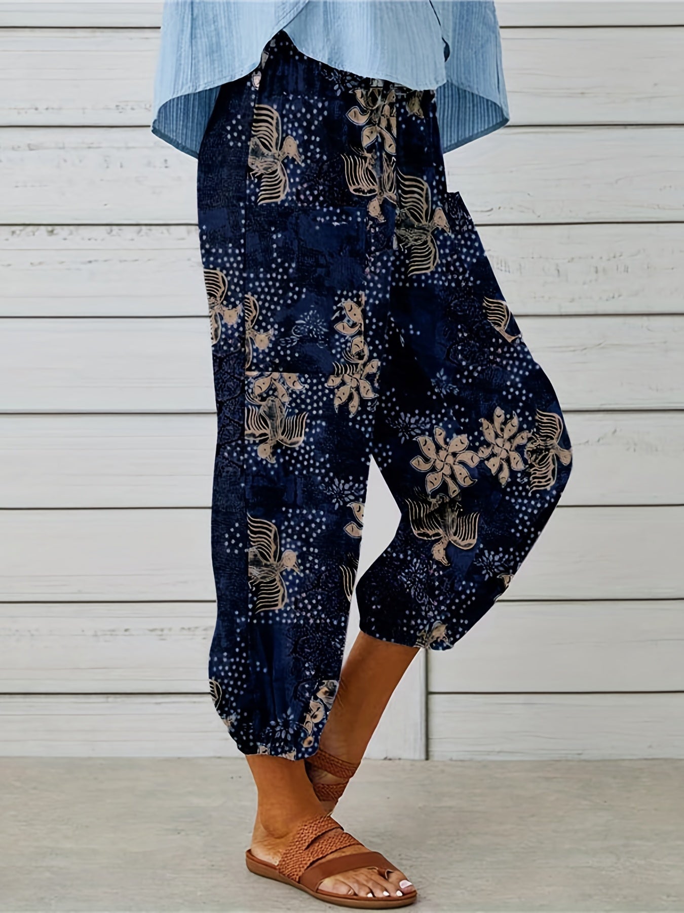 Abstract Print Cropped Pants Casual Drawstring Elastic Wais Pants
