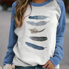 Feather Print Sweatshirt Long Sleeve Casual Shoulder Sweatshirt