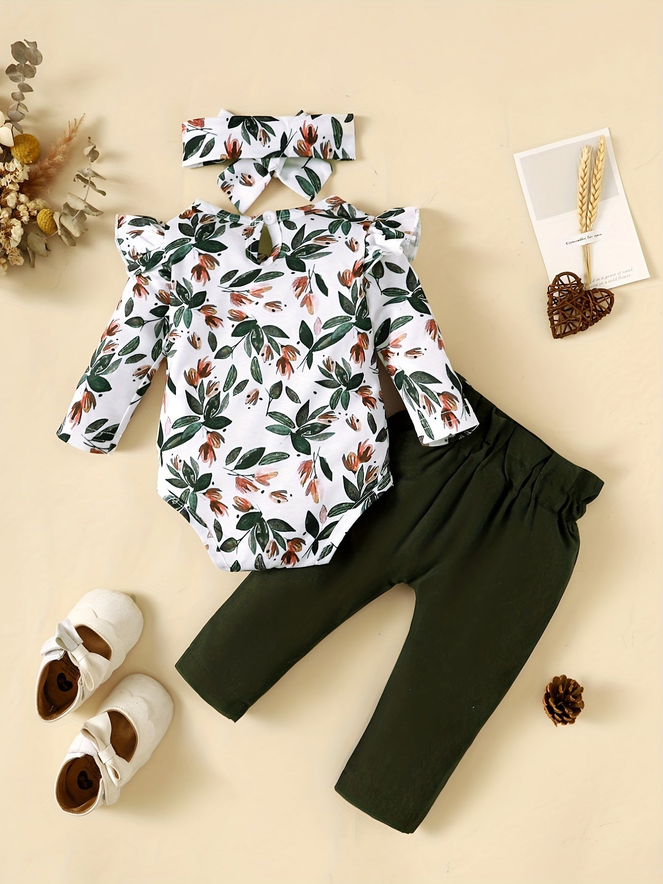 Baby Girl Floral Romper & Pants Set with Headband