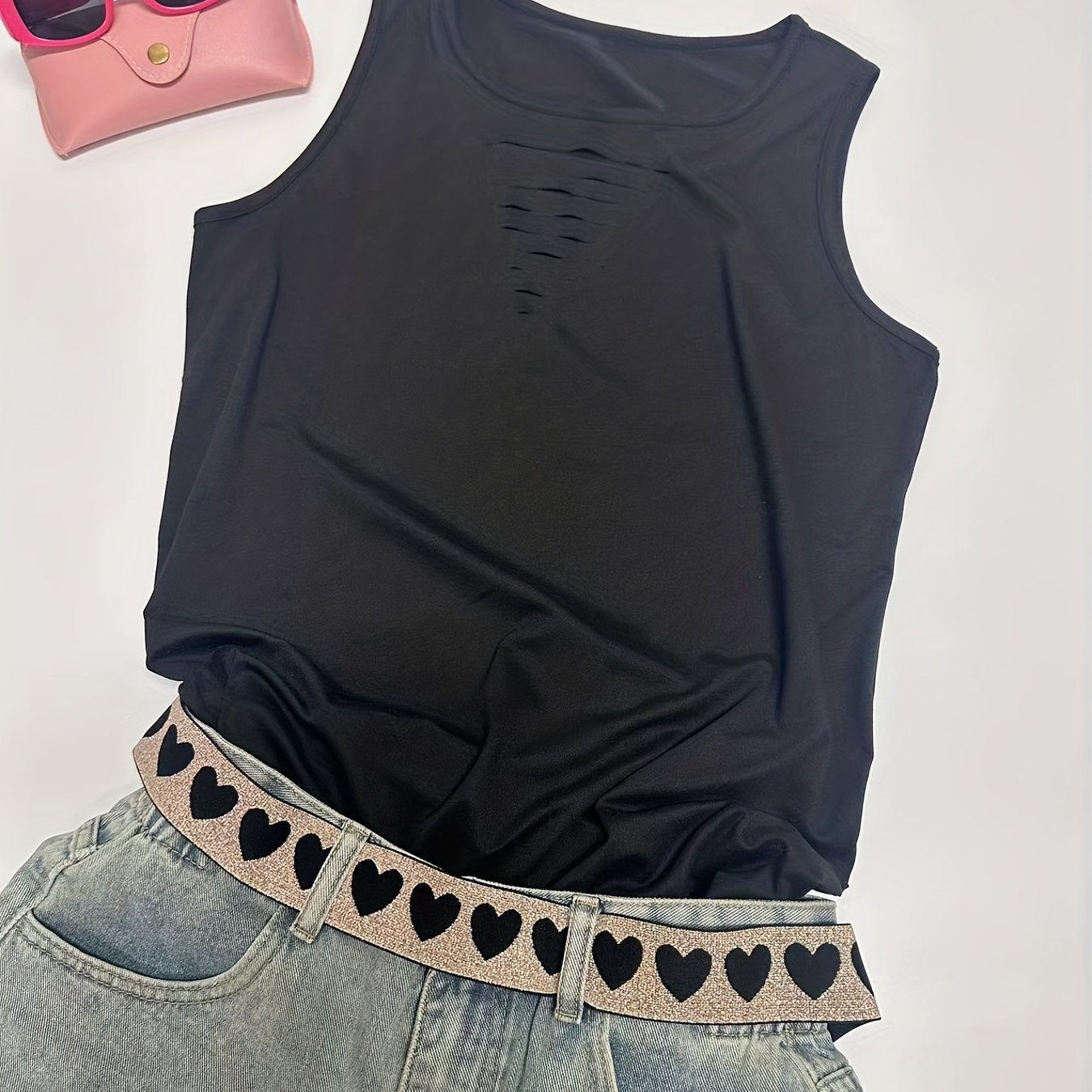 Sexy Solid Cut Out Tank Top Crew Neck Summer Sleeveless