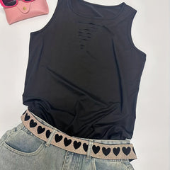 Sexy Solid Cut Out Tank Top Crew Neck Summer Sleeveless