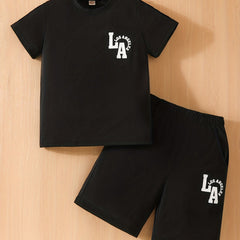 Boys LA Letter Graphic Print Tee&Shorts Set Summer Kids Clothing