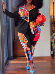 Graphic Print Long Sleeve Shirt & Pants Set