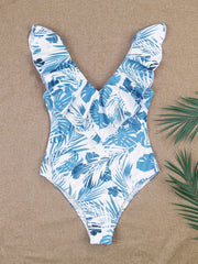 Ruffle Leaf Print One Piece Swimsuit High Cut Bathing Suit