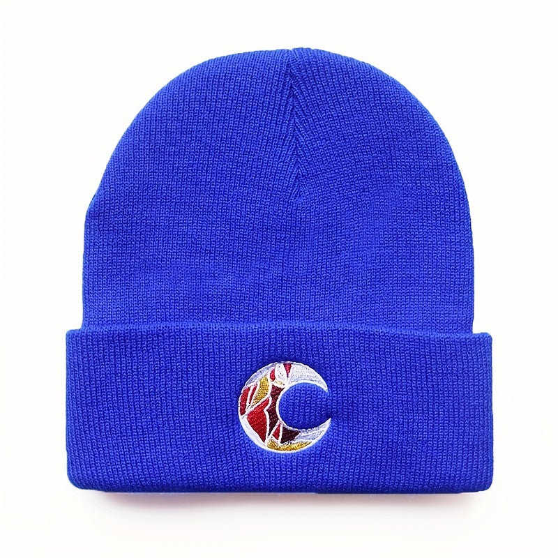 Crescent Embroidery Beanie Knit Hat Unisex Warm Lightweight