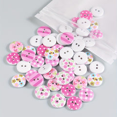 50pcs 2 Hole Wooden Bottom Mixed Pattern Painted Buttons for Crafts DIY