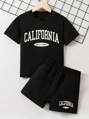 2pcs Boys California Print Tee & Shorts Set Summer Outfits