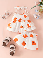 3pcs Baby Girls Duck Pattern Camisole Top & Shorts Set