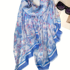 Boho Frayed Edge Floral Print Voile Scarf Large Shawl