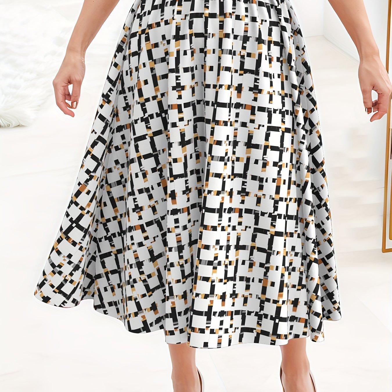 Women's Plus Grid Geometric Print High Waist A line Skirt