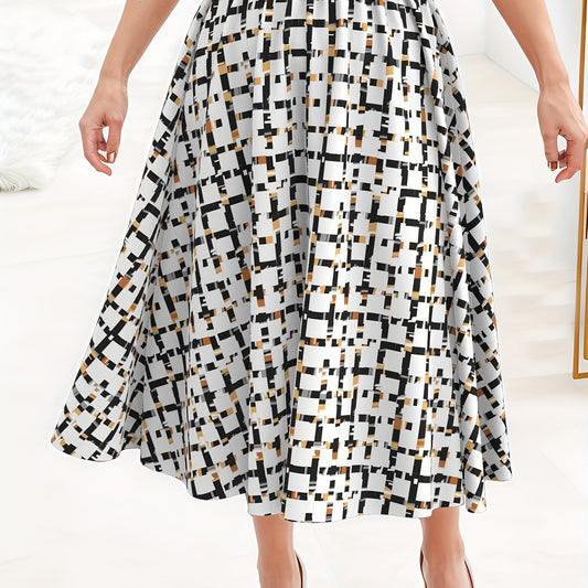 Women's Plus Grid Geometric Print High Waist A line Skirt