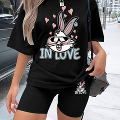Plus Size Rabbit Print Tee & Biker Shorts Set Plus Stretch 2pcs Outfits