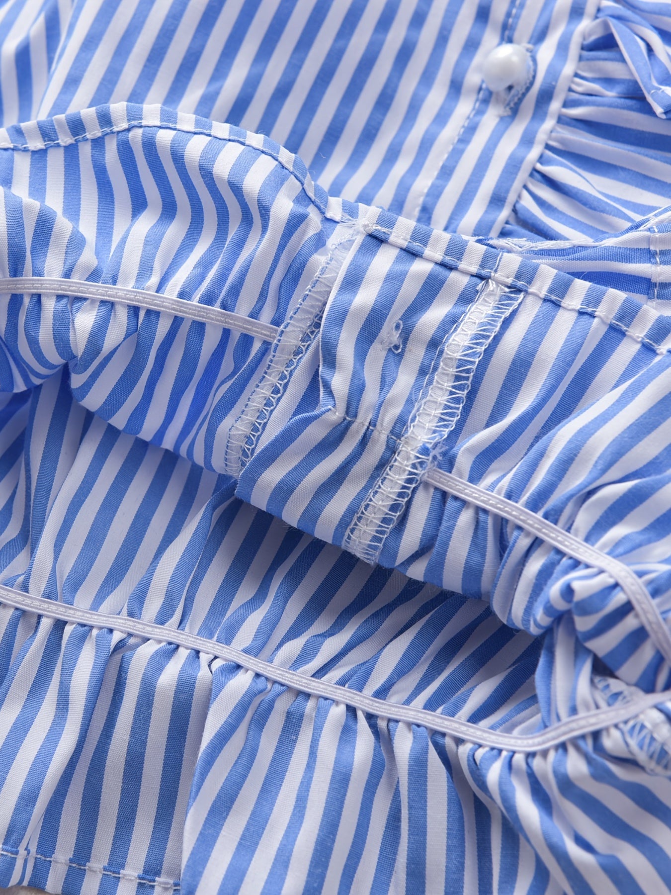 Girls Striped Pearl Button Ruffled Sleeves Lace Trim Shirt Tops