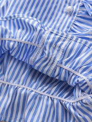 Girls Striped Pearl Button Ruffled Sleeves Lace Trim Shirt Tops