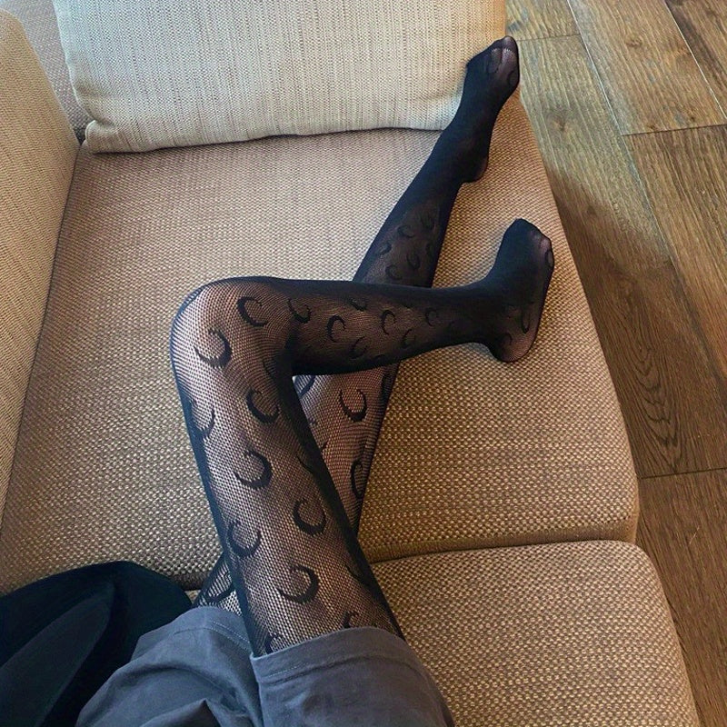 Moon Pattern Fishnet Tights High Waist Mesh Pantyhose Women's Stockings