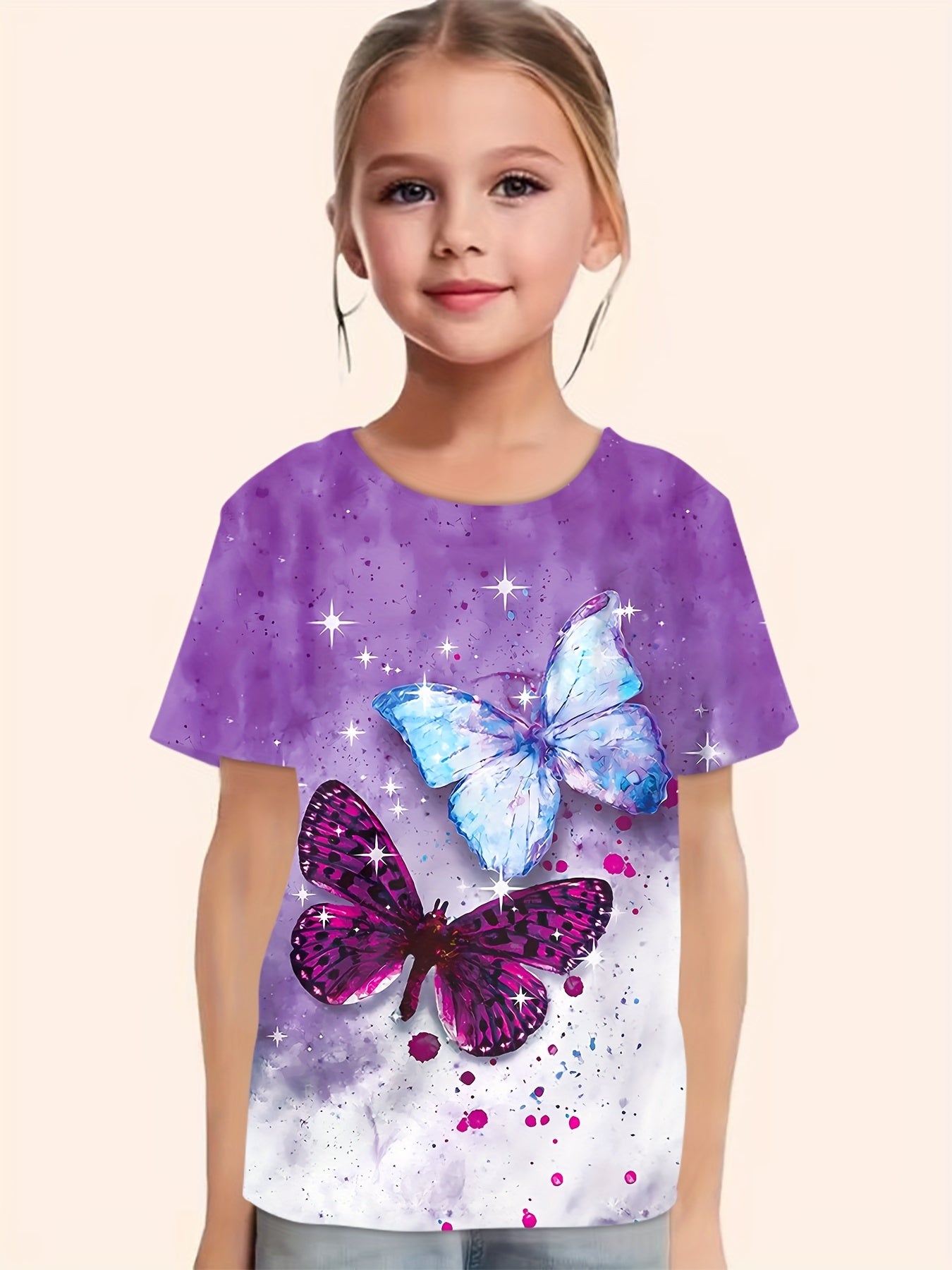 Butterfly Print Short Sleeve T-shirt Girls Summer Sports