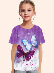 Butterfly Print Short Sleeve T-shirt Girls Summer Sports