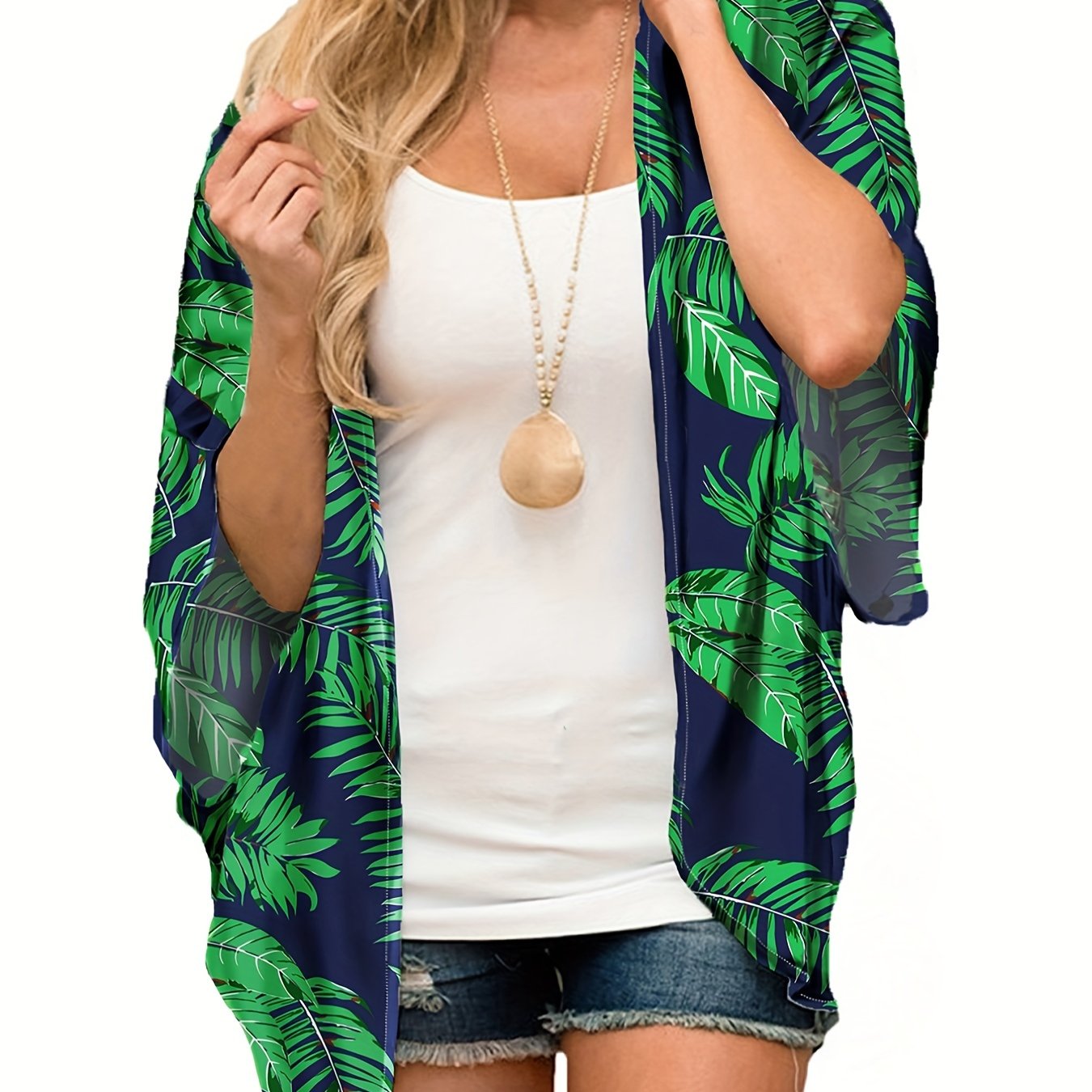 Leaf Print V Neck Loose Fit Beachwear Cover Up Blouse