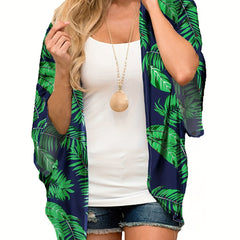 Leaf Print V Neck Loose Fit Beachwear Cover Up Blouse