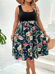 Colorblock Tropical Print Square Neck Midi Dress