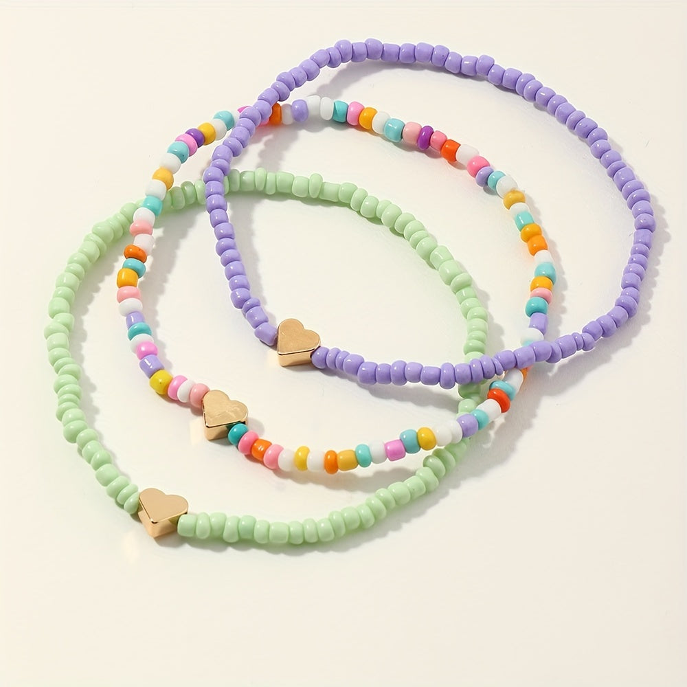 Colorful Beaded Anklet Set With Heart Shape Beads 3pcs