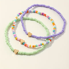 Colorful Beaded Anklet Set With Heart Shape Beads 3pcs