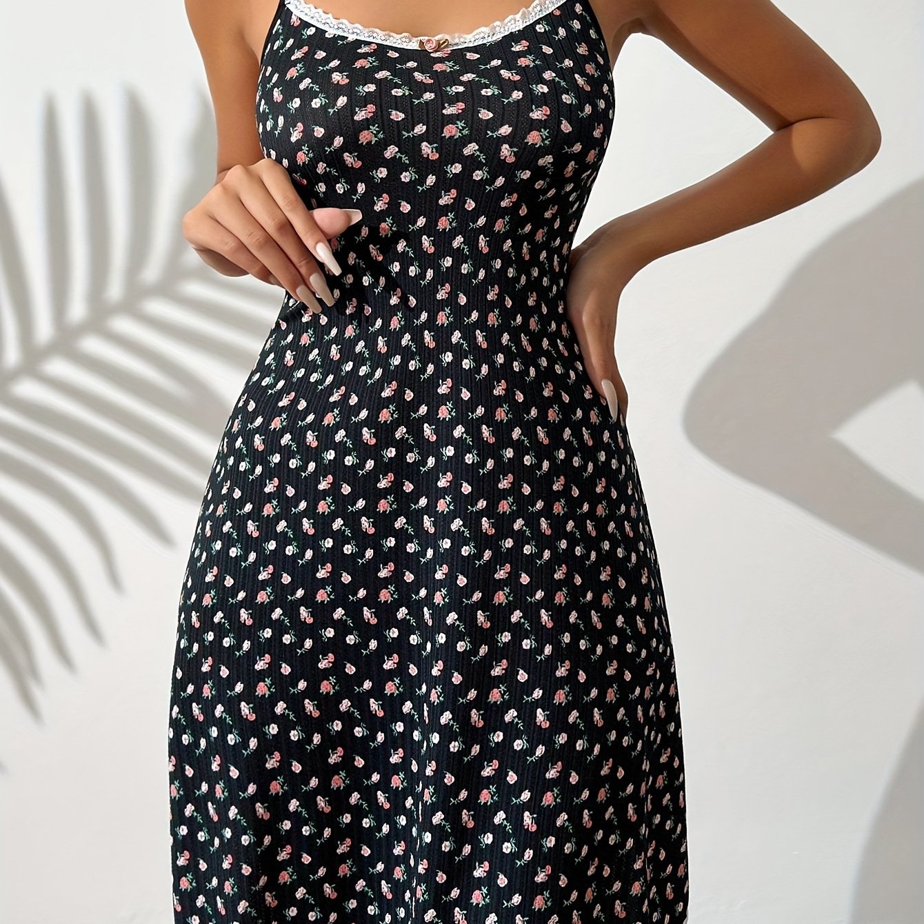 Floral Print Slip Nightdress Crew Neck Lace Trim Sleep Dress