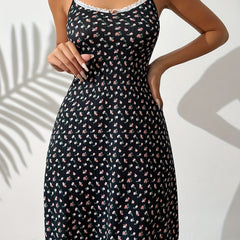 Floral Print Slip Nightdress Crew Neck Lace Trim Sleep Dress