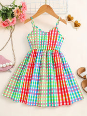 Girls Colorful Plaid V neck Cami Dress For Party Holiday