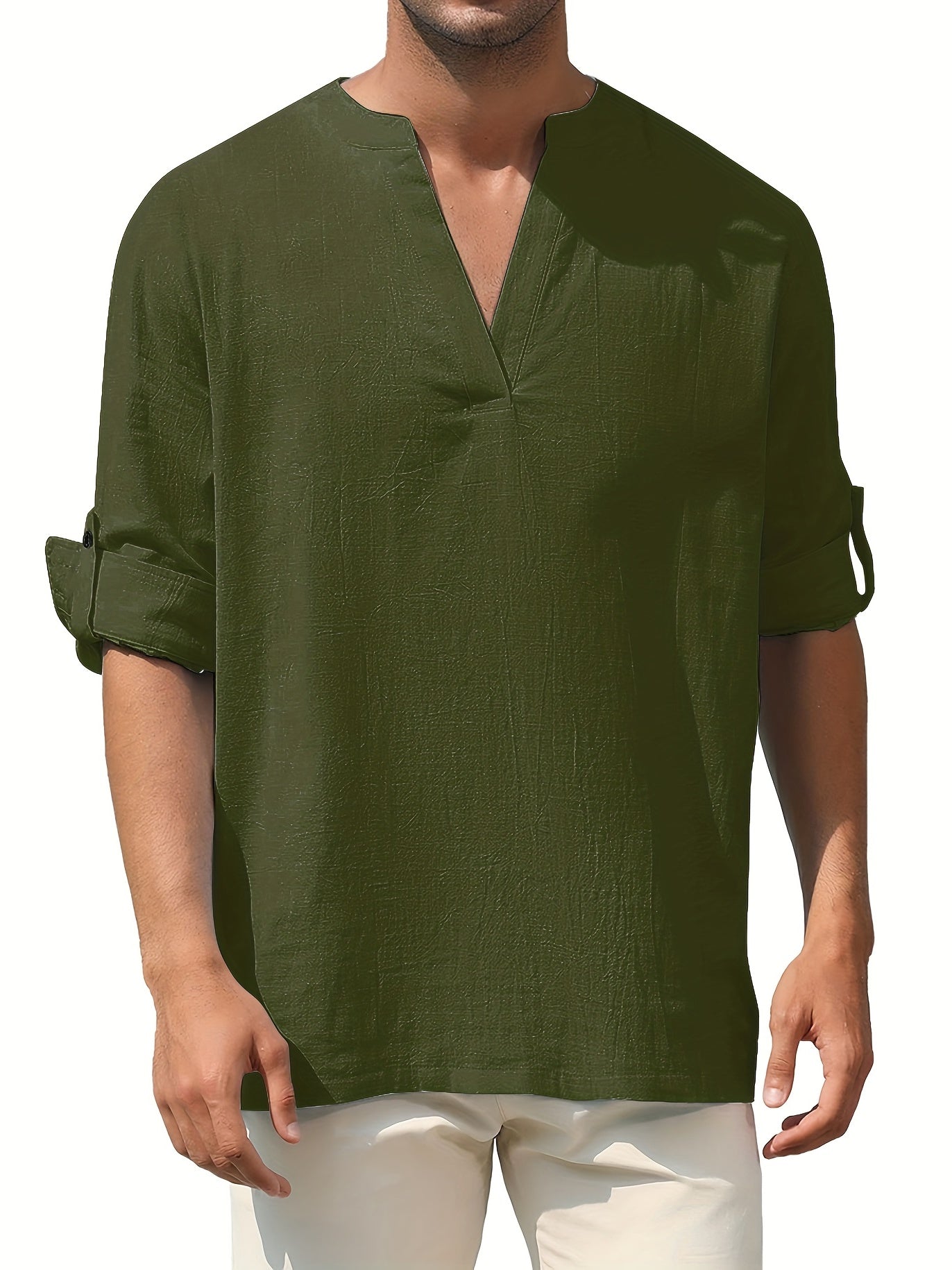 Men's Solid Long Sleeve V-Neck Shirt for Spring/Fall